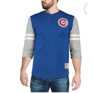 Mitchell Ness Chicago Cubs Henley Shirt Mens XL Blue Grey 3/4 Sleeve AJ18005
